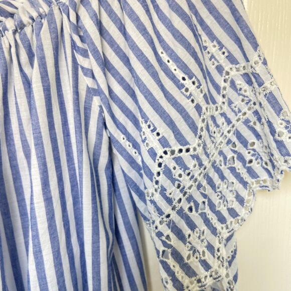 Blue Striped Off Shoulder Eyelet Top Summer Bohemian Casual - Picture 2 of 5